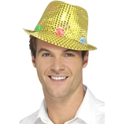 Image of Smiffys Light Up Sequin Trilby Hat, Gold with Multi Function LED Lights, Party &amp; Carnival Fancy Dress, Dress Hats