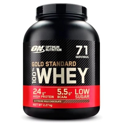 Image of Optimum Nutrition Gold Standard Whey Muscle Building and Recovery Protein Powder With Naturally Occurring Glutamine Amino Acids, Extreme Milk Chocolate, 71 Servings, 2.27kg, Packaging May Vary
