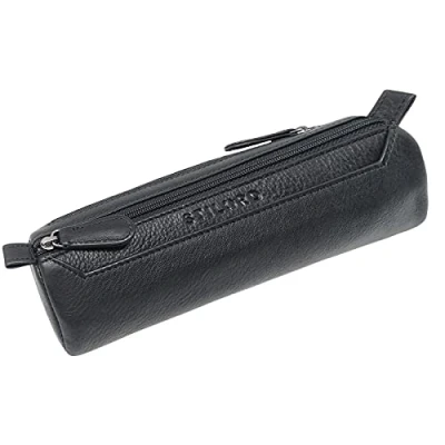 Image of &#039;Jim&#039; Leather Pencil Case Vintage Large 2 Compartment Round Pen Holder for Men and Women Genuine Pouch Stationary Organizer, Colour:Black