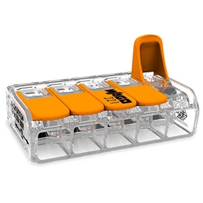 Image of WAGO Compact Splicing Connector, for all conductor types, max.6 mm², 5 conductor,with levers, transparent housing, Surrounding air temperature, max 85C (T85), 6,00 transparent, 221 615 (15 pcs)