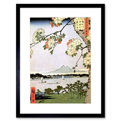 Image of Wee Blue Coo Japanese Woodblock Cherry Blossom Ships On Water Picture Framed Wall Art Print