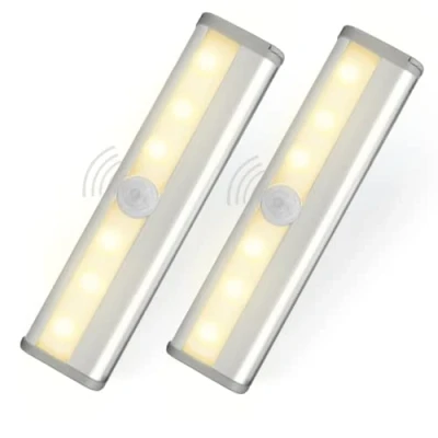 Image of 2 x Motion Sensor Cupboard Light, Magnetic Under Counter Lights with 6 LED, Battery operated (not included). Warm Night Light Bar 10CM Multipurpose Closet, Kitchen, Hallway, Bathroom, Staircase.