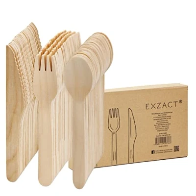 Image of EXZACT Disposable Wooden Cutlery 150 Pieces Party Forks Knives &amp; Spoons, Camping, Travel and BBQ
