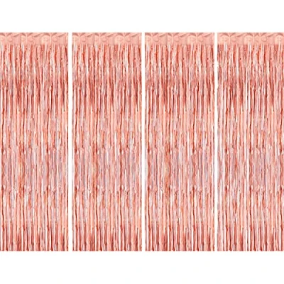Image of CHRORINE 4 Packs Rose Gold Tinsel Fringe Curtains Streamers Party Backdrop Foil Curtain for Birthday Decorations, Hen Wedding Bachelorette Bridal Shower Decorations