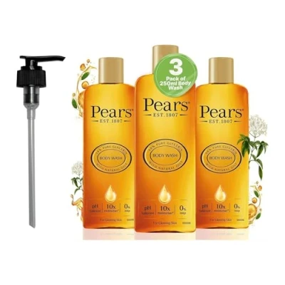 Image of Pears Pure &amp; Gentle Moisturising Liquid Body Wash Enriched with Glycerin and Natural Oils, 10x More Moisturiser* Soap free Cleanser Ideal for Men Women 250ml (3 Pack) + Dispenser Pump