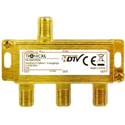 Image of TronicXL 3x 24k Gold F Connector Antenna Splitter DC Pass TV Cable DVB C BK T2 e.g. for Distributor Soft Socket Adaptor Virgin Media Aerial Freeview Freesat Sky BOX Satellites