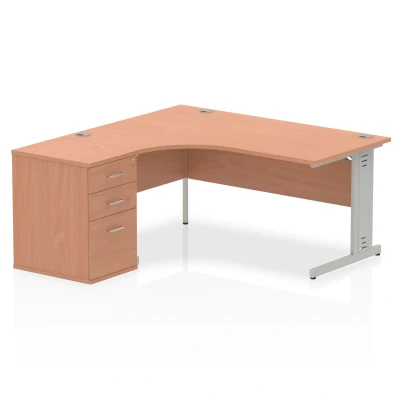 Image of Impulse 1600mm Left Crescent Office Desk Beech Top Silver Cable Managed Leg Workstation 600 Deep High Pedestal