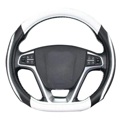 Image of D Cut Steering Wheel Cover, Flat Bottom Microfiber Leather Non Slip Breathable 14.5 15 inch (White)