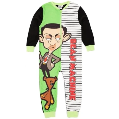 Image of Mr Bean Boys Onesie In Green Kids All One Fleece Jumpsuit Loungewear Pyjamas Funny TV Series Cartoon Sketch Romper &amp; Teddy Bodysuit PJs Merchandise Gift for Children