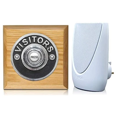 Image of Byron 100m Wireless Period Plug in Doorbell kit Push on Plinth (Honey Visitors Chrome)