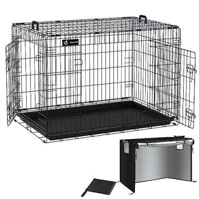 Image of VOUNOT Dog Crate Portable Pet Foldable Secure Puppy Cage with Durable Cover 2 Doors, Removable Slide Tray, Carry Handles, XL 42 Inches, Black