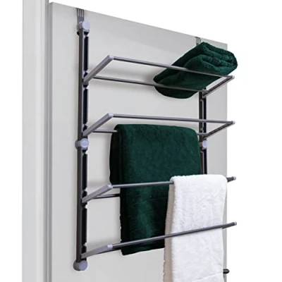 Image of KNIGHT Over the Door Towel Rack, Space Saving Hanging for Any Types in Bathroom. Fold up non slip metal bars. 4 Tier household organiser hand towels. Quick assembly [Grey] (4 Tier)