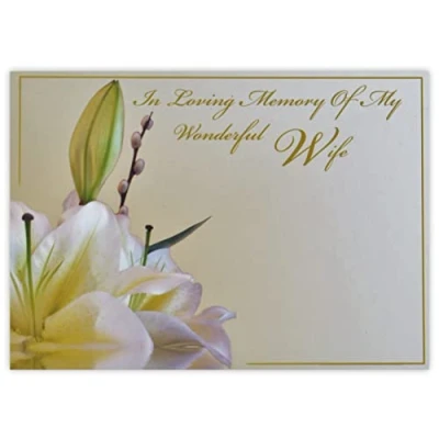 Image of celloexpress In Loving Memory Wife (White Lily) Flower Message Cards 90mm x 125mm Bereavement Florist Card Sympathy Condolences Notes (Pack of 6)