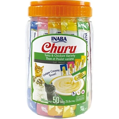 Image of Churu by INABA Cat Treat Variety Bucket 700g (50 x 14g) / Tuna &amp; Chicken Flavour, Soft Creamy Treat, Delicious Healthy Snack, Hand Feeding, Natural, Grain Free, High in Moisture