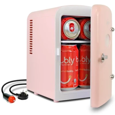 Image of Koolatron Retro Mini Fridge For Bedrooms 4L Small 6 Can Table Top Quiet Fridges Skincare Food Drinks Kids Home Car &amp; Travel 12v Portable Cooler Refrigerator, Pink