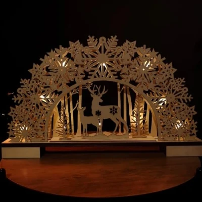 Image of 45cm Battery Operated Light up Wooden Christmas Deer with Snowflake Bridge &amp; LEDs