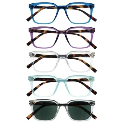 Image of OPULIZE KOI Reading Glasses With Sunglasses 5 Pack Rectangular Frame Black Purple Clear Aqua Mens Womens Spring Hinges RRRRS50 35CQC +3.50