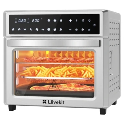 Image of LLIVEKIT 26L Air Fryer Oven with Rotisserie, LED Display Touch Panel Large XXL Oil Free Electric Oven, 12 In 1 Mini Stainless Steel 1700W 60℃ 230℃, 7 Accessories, Silver