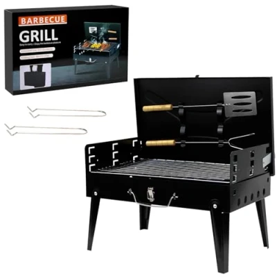 Image of Crystals Portable BBQ Grill Folding Charcoal Stainless Steel Barbecue with Tool Set, Lightweight and Durable Travel for Camping, Garden, Picnic, &amp; Outdoor Cooking Compact Design Black