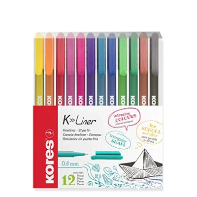 Image of Kores K Liner Coloured Fineliners 0.4mm Colouring Pens, Fineliner Marker Art Journaling Supplies, University Essentials, School Supplies Pack of 12 in Assorted Colours