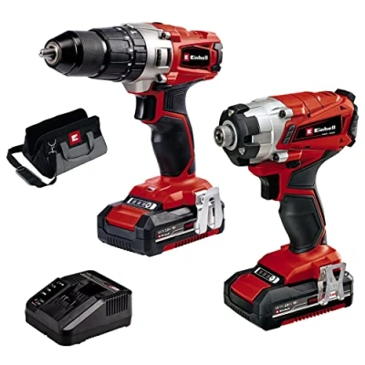 Image of Einhell Power x Change 18V Cordless Drill And Impact Driver Set With 2 Batteries, Charger Storage Bag TE CD 18/44 Li i + CI 18/1 Brushless Combi Drills Sets
