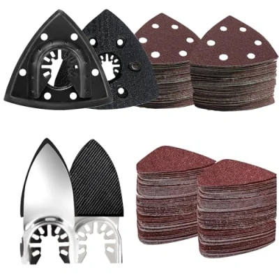 Image of LEILUO 127 Pcs Multi Tool Sanding Pad Kit 2Pcs 3 1/2 Inch Triangle Pads Fingertip Sand 120Pcs Sandpaper 3Pcs Adapters Compatible with DeWalt Dremel Milwaukee and More