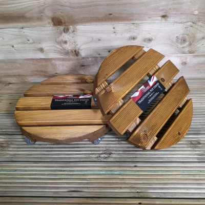 Image of Pack of 2 Tom Chambers Handcrafted Heavy Duty Round Traditional Wood Garden Patio Plant Flower Pot Stand Caddy Trolley Dolly on Strong Metal Castor Wheels 40cm
