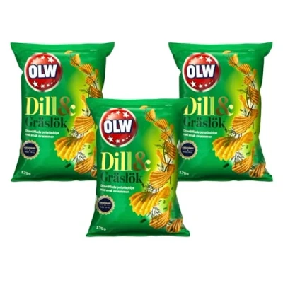 Image of ScandiKitchen, OLW, Dill &amp; Gräslök, And Chives Flavour Swedish Ridged Potato Crisps, 175g x 3 Packs