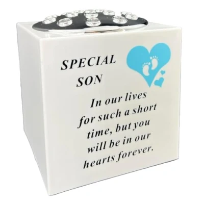 Image of Special Son Blue Little Boy Baby Memorial Graveside Flower Vase Container White and Silver