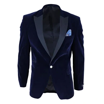 Image of Mens Soft Velvet 1 Button Dinner Jacket Tuxedo Blazer Smart Casual Tailored Fit Blue 40