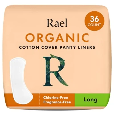 Image of Rael Organic Cotton Cover Long Panty Liners Unscented, Chlorine Free, Hypoallergenic, Light Absorbency, Pantyliners for Women, Vegan &amp; Cruelty Free (Long, 36 Count)
