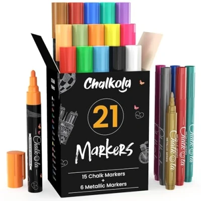 Image of Chalk Pens &amp; Metallic Colours (Pack of 21) Neon Markers Erasable Dry Erase Marker for Blackboards, Chalkboard, Window, Glass 6mm Reversible Bullet Chisel Tip