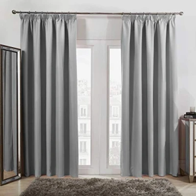 Image of Dreamscene Pencil Pleat Blackout Curtains Set of 2 Thermal Tape Top Heading Panels, Silver Grey Width 46&quot; x Drop 54&quot;
