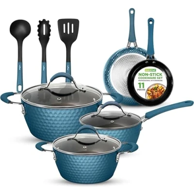 Image of NutriChef 11 Pc Pots and Pans Set Non Stick Cookware with Ceramic Coating, Ergonomic Handles, Induction Ready, Includes Saucepan, Dutch Oven, Large &amp; Small Fry Pans, Royal Blue