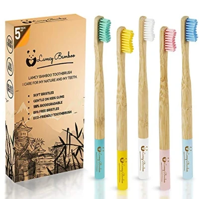 Image of Lamcy Bamboo Toothbrushes for Adults with Medium Bristles Pack of 5 Natural Toothbrush Eco Friendly Wooden Organic Biodegradable Handle BPA Free Tooth Brushes
