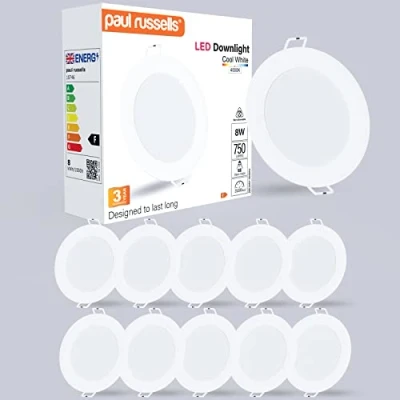 Image of paul russells LED Ceiling Downlights, 8W Slim Recessed Bathroom Kitchen Ceilings, 750 Lumens, 4000K Cool/Natural White, Cutout 95 105mm, Round Non Dimmable Panel Spotlights, 10 Packs