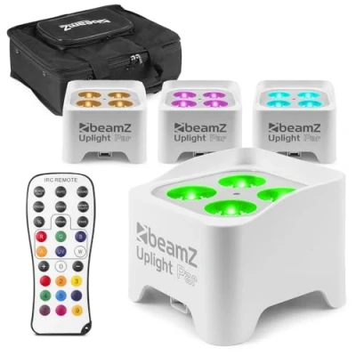 Image of BeamZ BBP90W Wireless Battery Operated LED Par Uplighters (x4) with Soft Case and Remote Control 4X 4W RGB UV, White