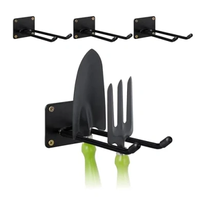 Image of Relaxdays Wall Tool Hooks, Set of 4, Long, Double Hold, Garage, Workshop &amp; Cellar, HWD: 7.5 x 9 24 cm, Steel, Black