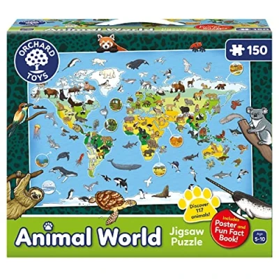 Image of Orchard Toys Animal World Jigsaw Puzzle, 150 piece jigsaw, Includes 20 page fact book, giant poster, Educational puzzle for Kids ages 5 10