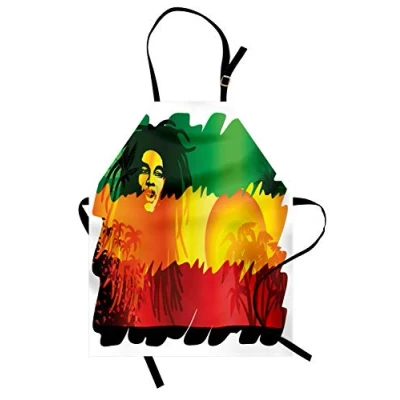 Image of ABAKUHAUS Rasta Apron, Reggae Music Singer, Unisex Kitchen Bib Apron with Adjustable Neck for Cooking Baking Gardening, Orange Yellow