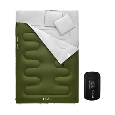Image of KingCamp Double Sleeping Bag for Adults with 2 Pillows 220 x 150cm King Size &amp; Extra Large Wide Waterproof Rectangular Bags Camping Hiking Indoor Outdoor