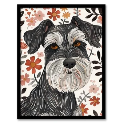Image of Artery8 Miniature Schnauzer with Daisies Watercolour Living Room Artwork Framed Wall Art Print 18X24 Inch