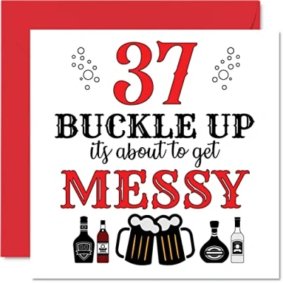Image of Fun 37th Birthday Cards for Men Woman Buckle Up Happy Card Dad Mum Son Daughter Brother Sister Uncle Auntie Cousin, 145mm x Greeting Cards, Joke
