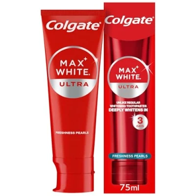 Image of Colgate Max white Ultra freshness Pearls teeth Whitening toothpaste 75ml whiter in 3 days* long lasting enamel safe removes deep stains* fluoride