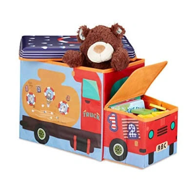 Image of Relaxdays Children&#039;s Seat Box with Lid, Toy, Foldable, Sea Design, Storage Space, Boys &amp; Girls, 50 L, Blue/Red, 33 x 27 56 cm