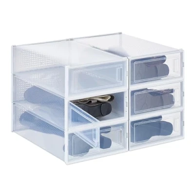 Image of Relaxdays 6X Shoe Box, Footwear, Flat, Stackable, Plug in, Size 44.5, Ventilation Hole, 13.5 x 31.5 53 cm, Transparent, 52 cm