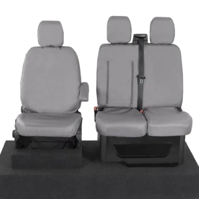 Image of UK Custom Covers To Fit Ford Transit (2023 Onwards) Tailored Heavy Duty Waterproof Front Seat (Single/Double WITH Pull Down Tray) Grey SC334G
