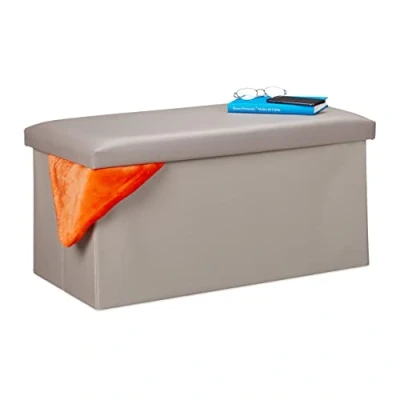 Image of Relaxdays Storage Bench, Artificial Leather, 84 L Capacity, H x W D: approx. 37.5 76.5 38.5 cm, Grey