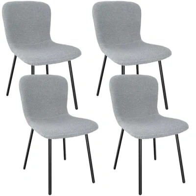 Image of LONGTOO Dining Chairs Set of 4, Made Teddy Fleece and Black Lacquered Metal Legs, for Rooms, Bedrooms Reception Gray