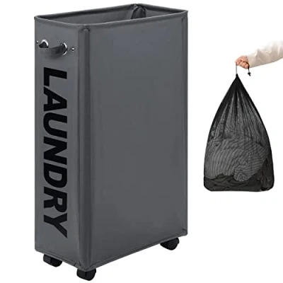 Image of DOKEHOM 29 Inches Enlarged Slim Laundry Basket with Removable Wash Bag on Wheels, Collapsible Rolling Hamper, Foldable Narrow Corner Clothes Storage Bins (Dark Grey)